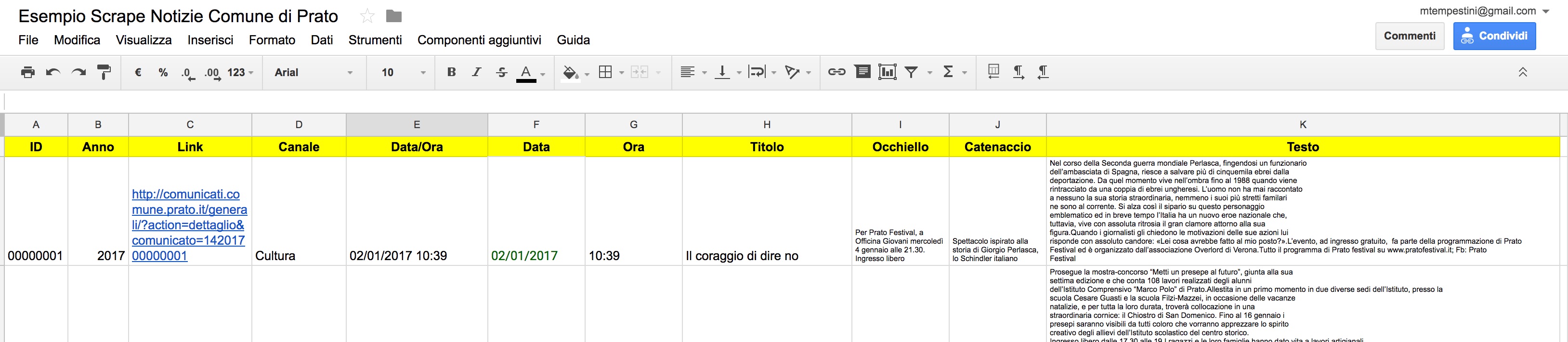 Esempio di Scraping con Google Sheet