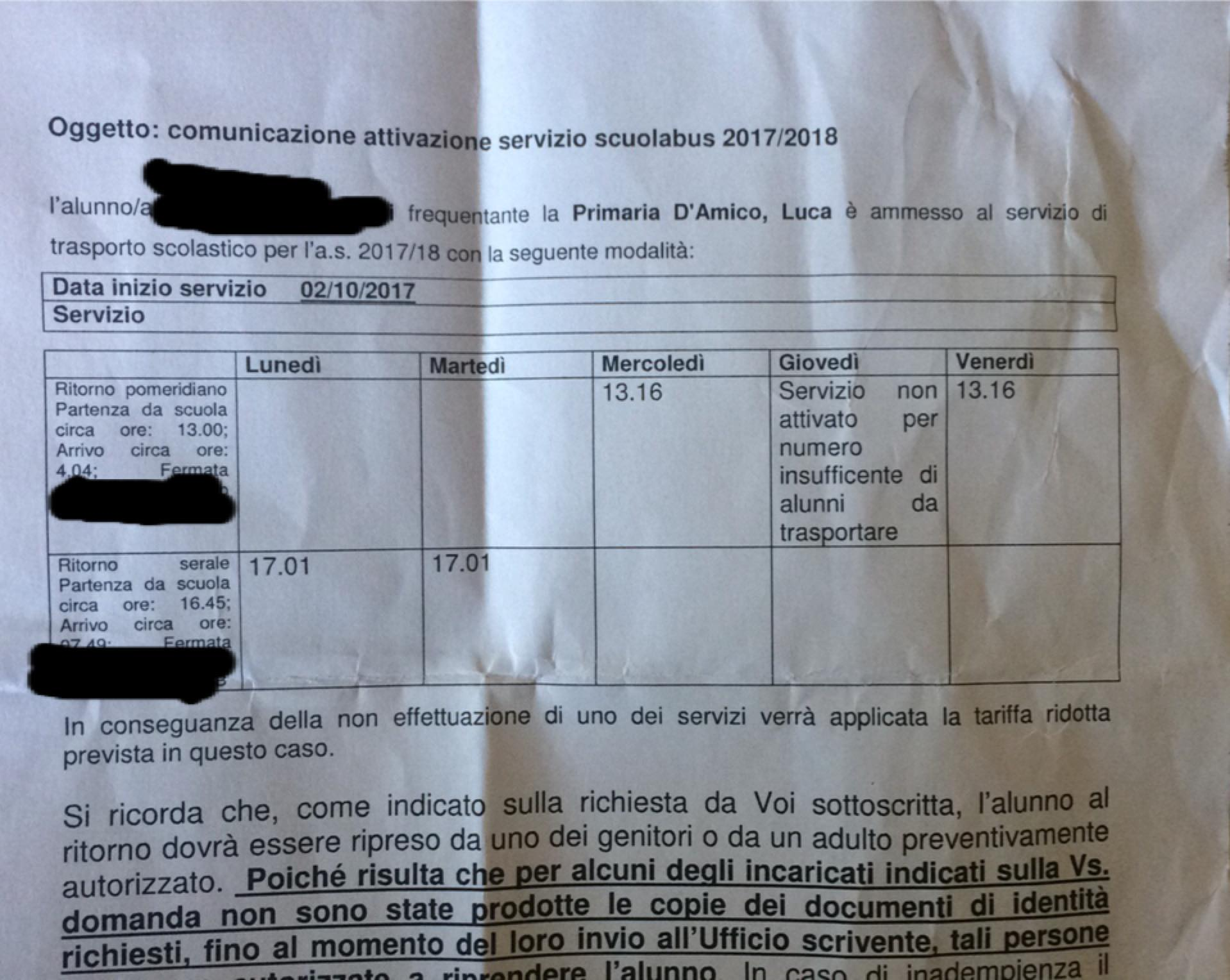 la comunicazione di mancato servizio scuolabus